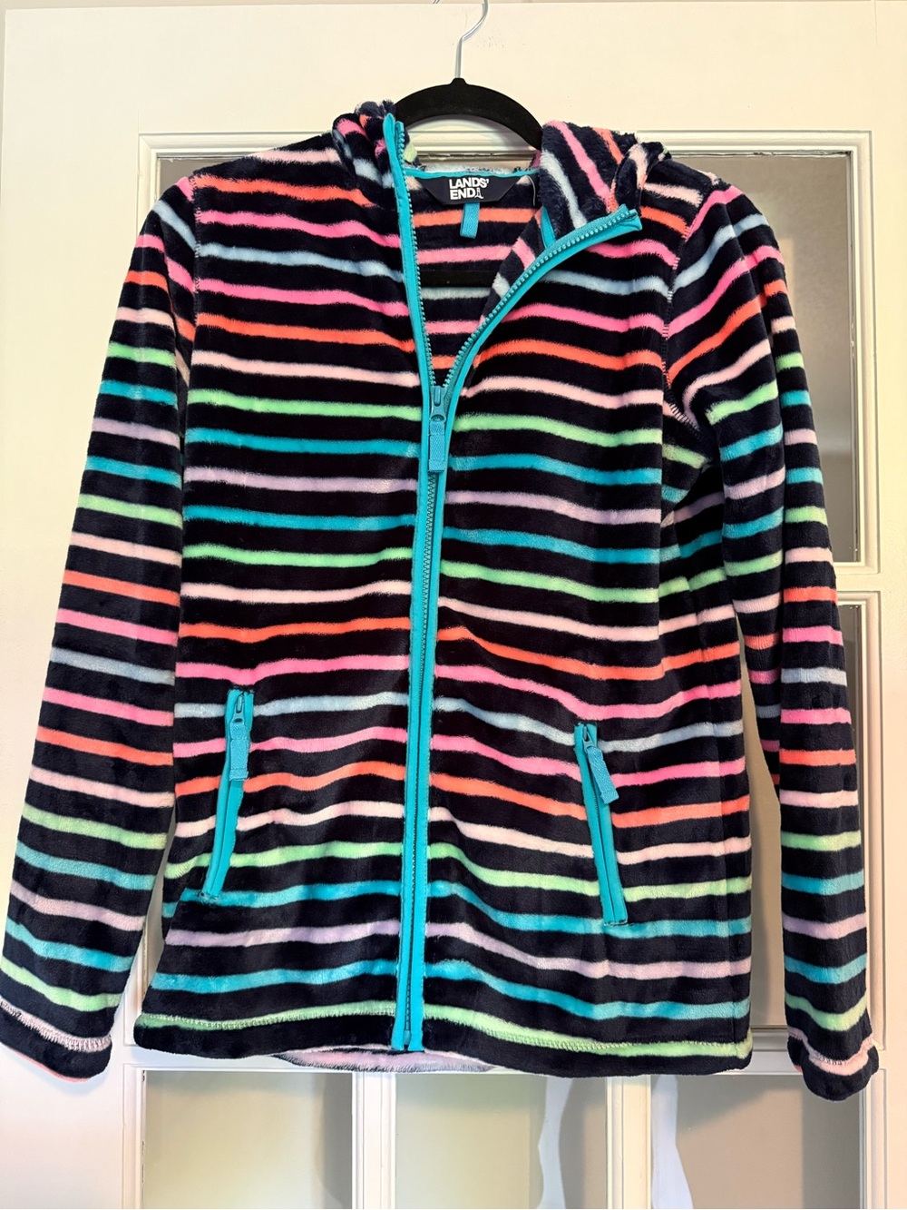 Lands' End Girls' Multicolor Stripe Fleece Hooded Jacket - Navy/Multi